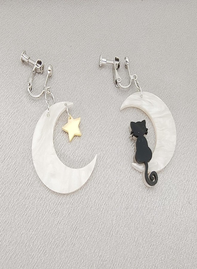 Modpide Moon Star Cat Clip on Earrings Halloween Earrings for Women Cute Acrylic Earrings (white) - Image 2